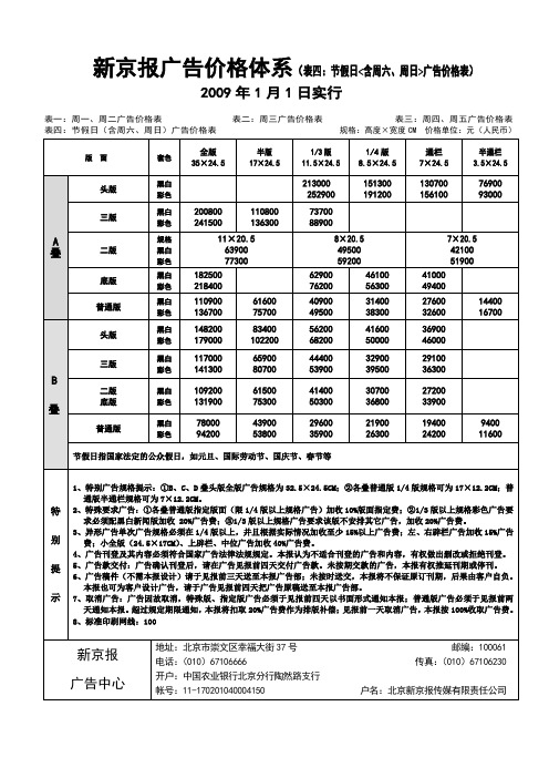 新京报广告价格体系(表四):节假日(含周六、日)广告价格表