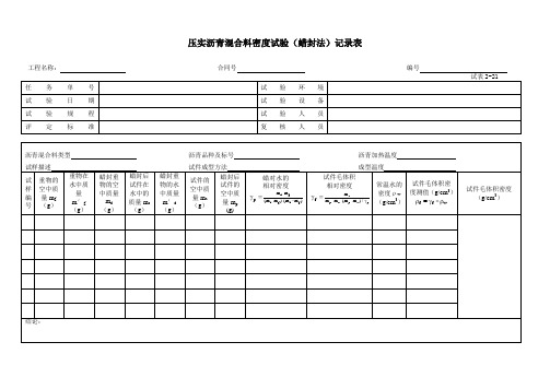 压实沥青混合料密度试验(蜡封法)记录表