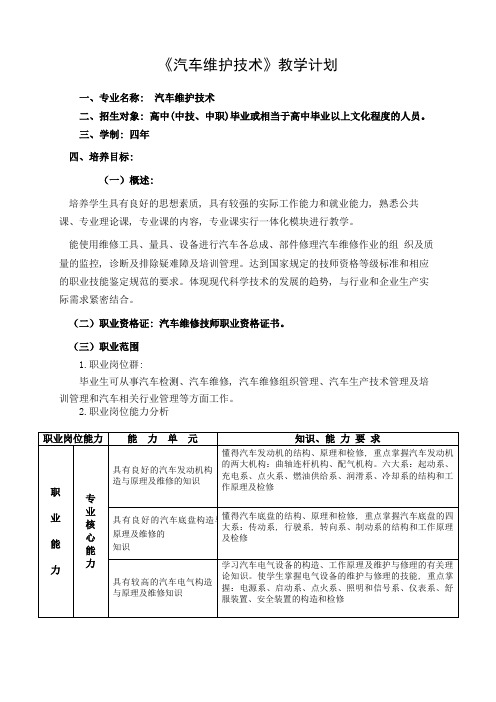 汽车维护技术专业教学计划(预备技师)