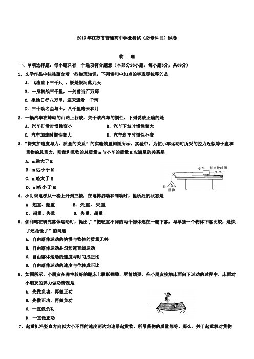 2019年江苏省普通高中学业水平测试物理试题(含答案)