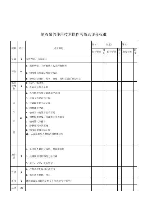 输液泵的使用技术操作考核表评分标准