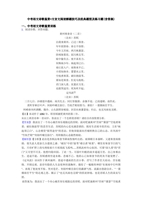 中考语文诗歌鉴赏+文言文阅读解题技巧及经典题型及练习题(含答案)