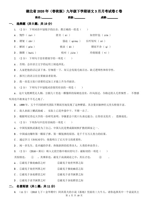湖北省2020年(春秋版)九年级下学期语文3月月考试卷C卷
