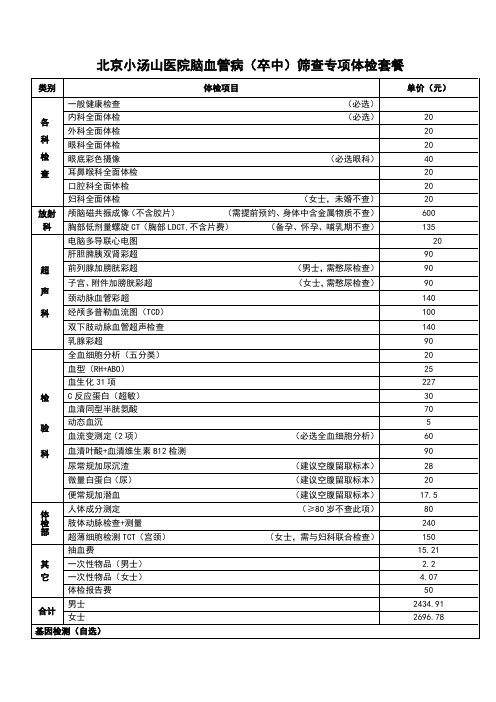 北京小汤山医院脑血管病(卒中)筛查体检套餐