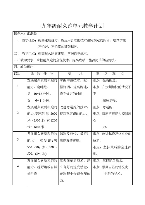 九年级耐久跑单元计划