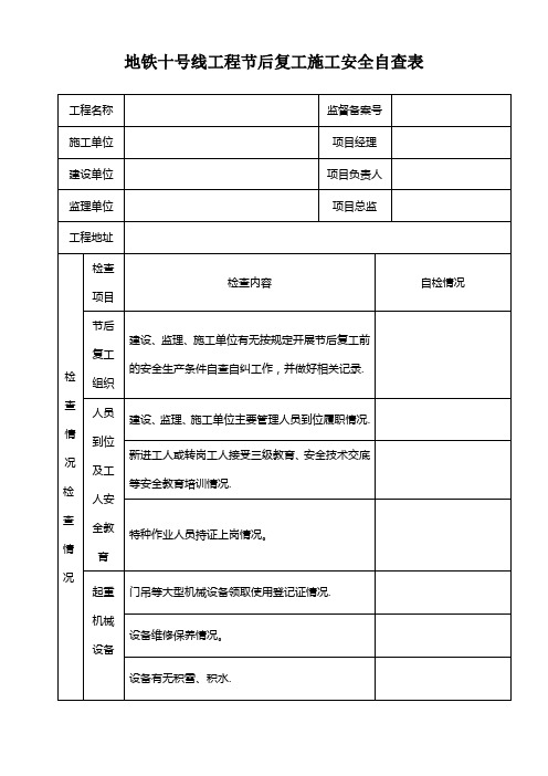 节后复工安全检查表