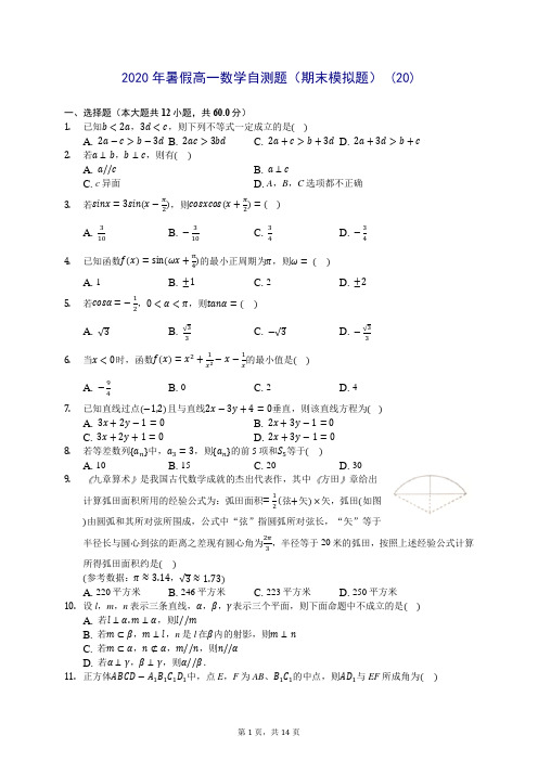 2020年暑假高一数学自测题(期末模拟题) (20)-0715(解析版)