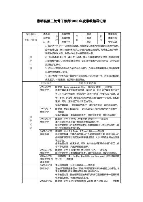 崇明县第三轮骨干教师2008年度带教指导记录