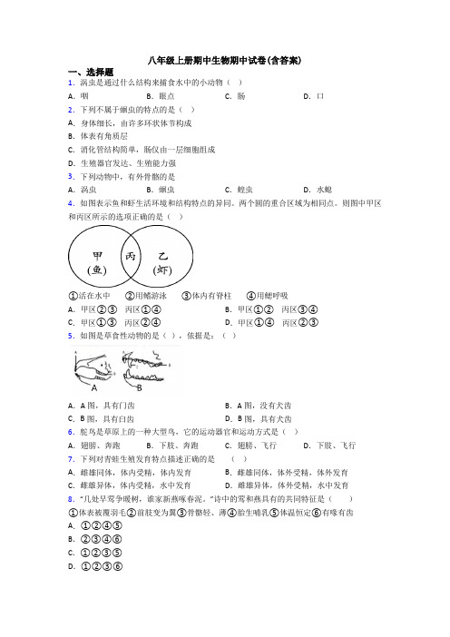 八年级上册期中生物期中试卷(含答案)