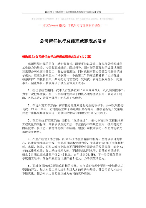 2019年公司新任执行总经理就职表态发言-精选word文档 (3页)