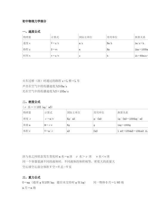 初中物理力学部分所有公式