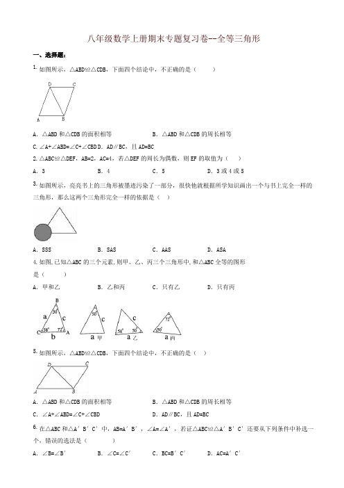 2019年天津市南开区_八年级数学上册期末专题复习卷-全等三角形(有答案)-名师版