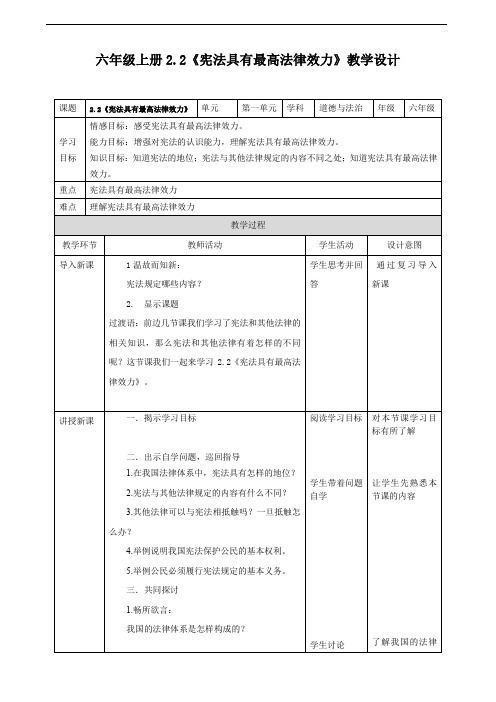 【小学教育】道德与法治六年级上册：2-2《宪法具有最高法律效力》教案(可打印)-2019人教版部编道法