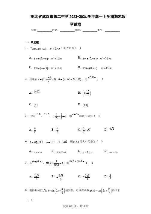 湖北省武汉市第二中学2023-2024学年高一上学期期末数学试卷