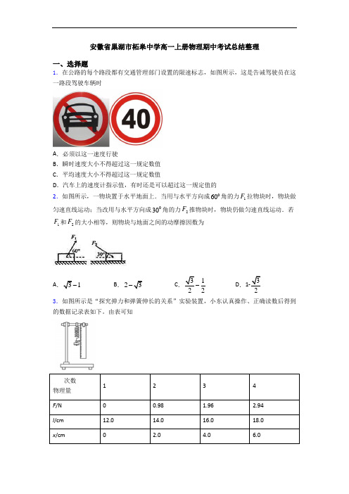 安徽省巢湖市柘皋中学高一上册物理期中考试总结整理