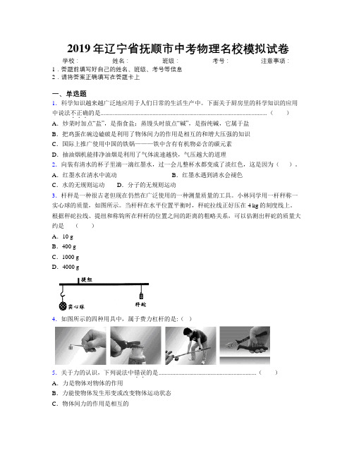 2019年辽宁省抚顺市中考物理名校模拟试卷附解析