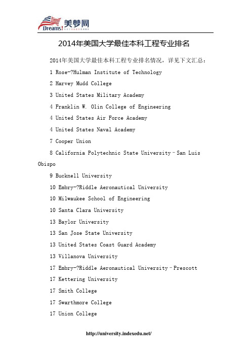 【美梦网】2014年美国大学最佳本科工程专业排名