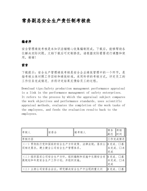 常务副总安全生产责任制考核表