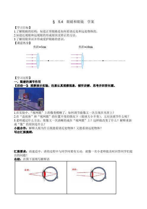 人教版八年级物理上册第五章第四节眼睛和眼睛学案