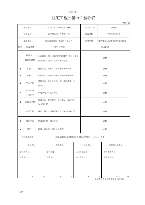 2017年重庆市住宅工程高质量分户验收表格(最新)