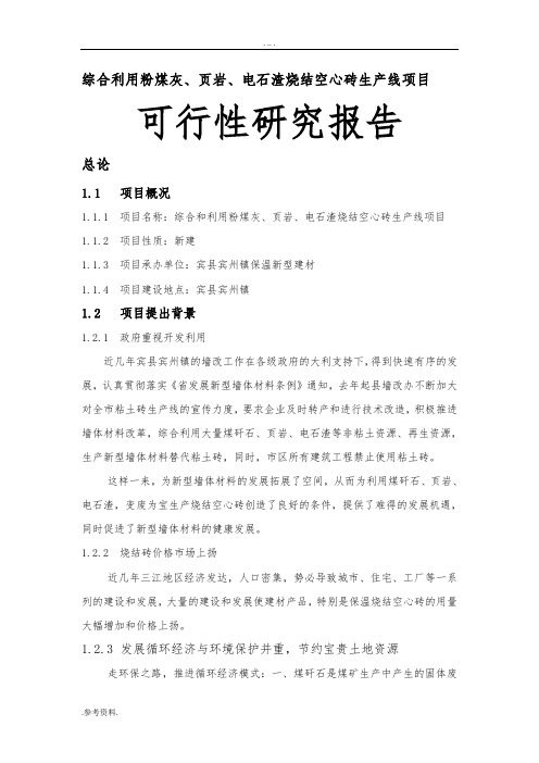 综合利用粉煤灰、页岩、电石渣烧结空心砖生产线项目可行性实施报告