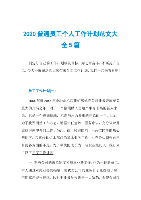 2020普通员工个人工作计划范文大全5篇