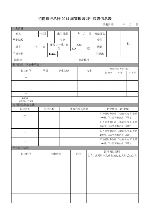 招商银行总行2014届管理培训生应聘信息表