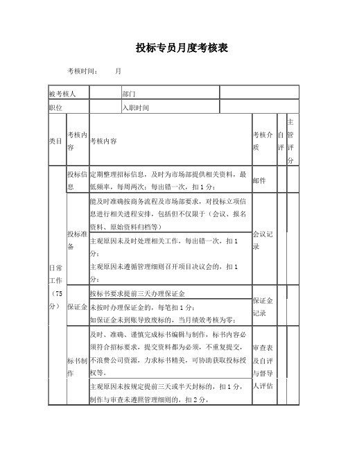 投标专员月度考核表