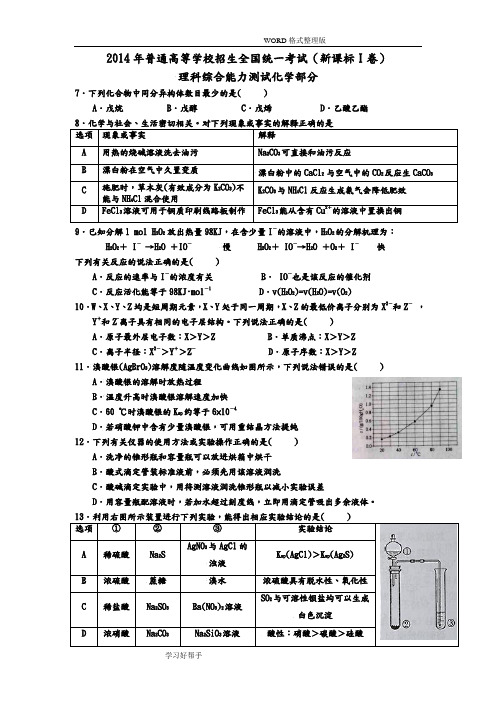 2015高考化学全国1卷理综化学含解析答案解析