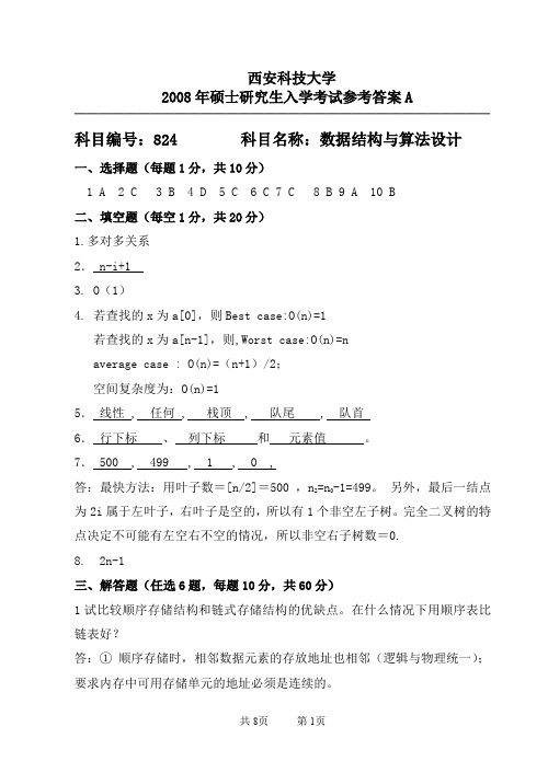 西安科技大学824数据结构与算法设计A2008年考研真题答案