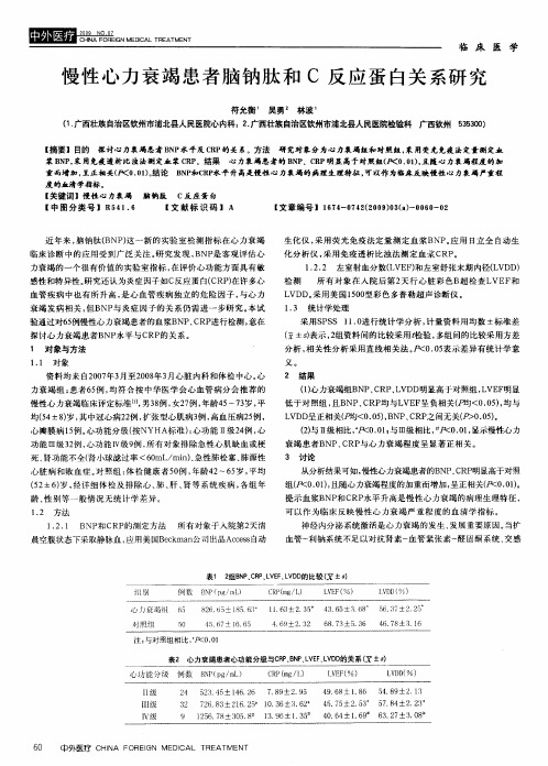 慢性心力衰竭患者脑钠肽和C反应蛋白关系研究