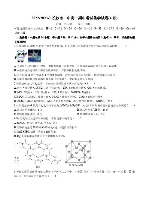 湖南省长沙市长沙县第一中学2022-2023学年高二下学期期中考试化学试题 - 副本