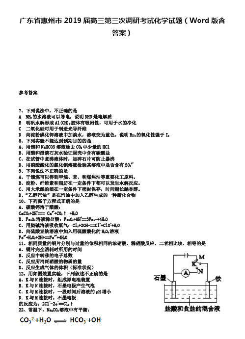 广东省惠州市2019届高三第三次调研考试化学试题(Word版含答案)