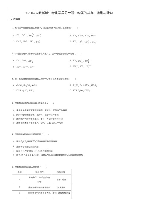 初中化学 2023年人教新版中考化学复习专题：物质的共存、鉴别与除杂