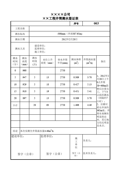 井筒施工测水签证表