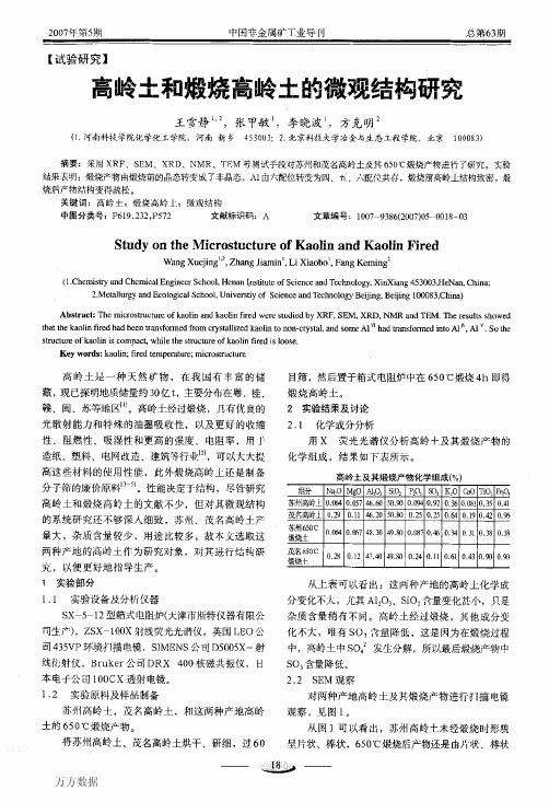 高岭土和煅烧高岭土的微观结构研究