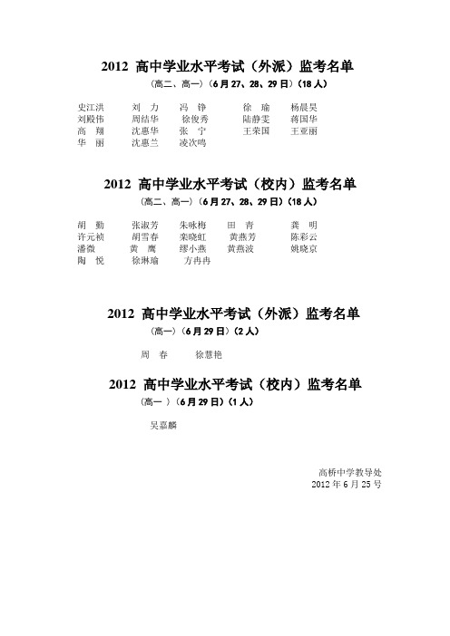 2012 高中学业水平考试监考名单