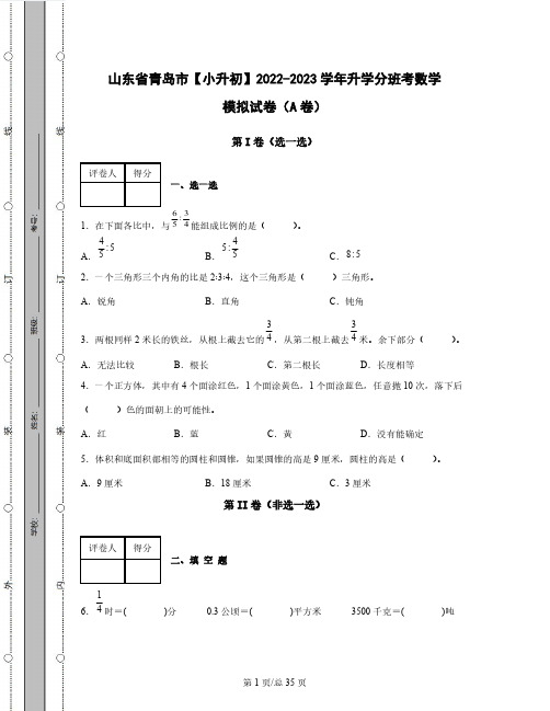 山东省青岛市【小升初】2022-2023学年升学分班考数学模拟试卷AB卷(含解析)