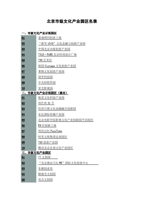 北京市级文化产业园区名录