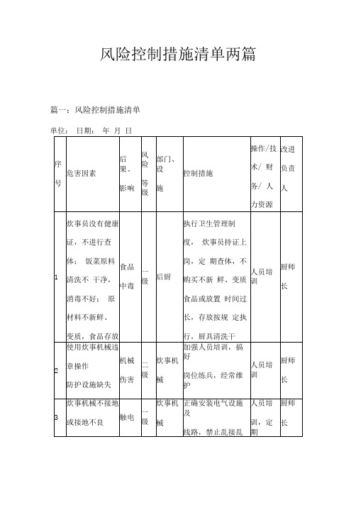 风险控制措施清单两篇