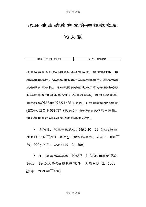 NAS液压油清洁度和允许颗粒数之间的关系之欧阳学创编