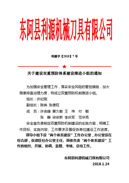 关于建设双重预防体系建设推进小组的通知