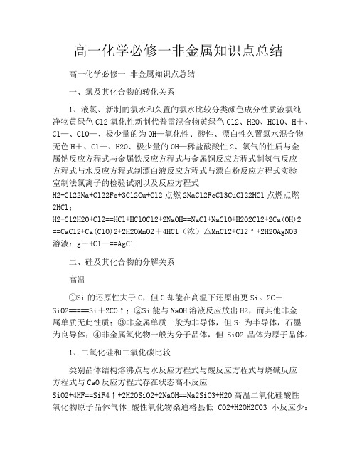 高一化学必修一非金属知识点总结