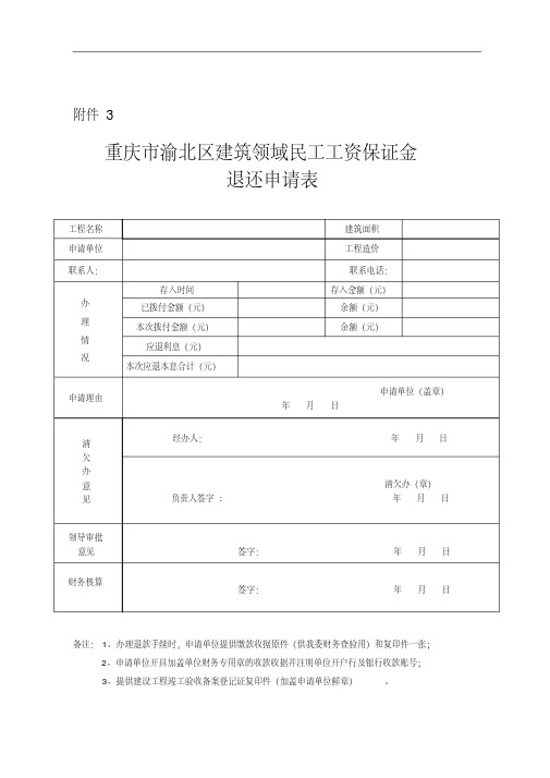 建筑领域民工工资保证金退还申请表