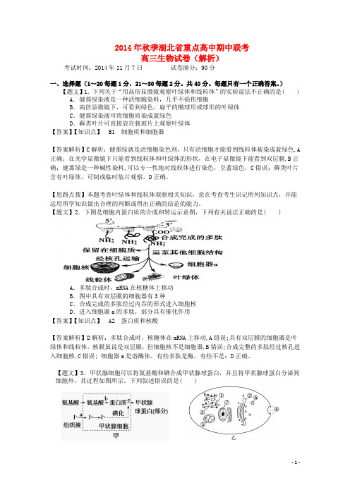 湖北省重点高中高三生物上学期期中联考试题(含解析)