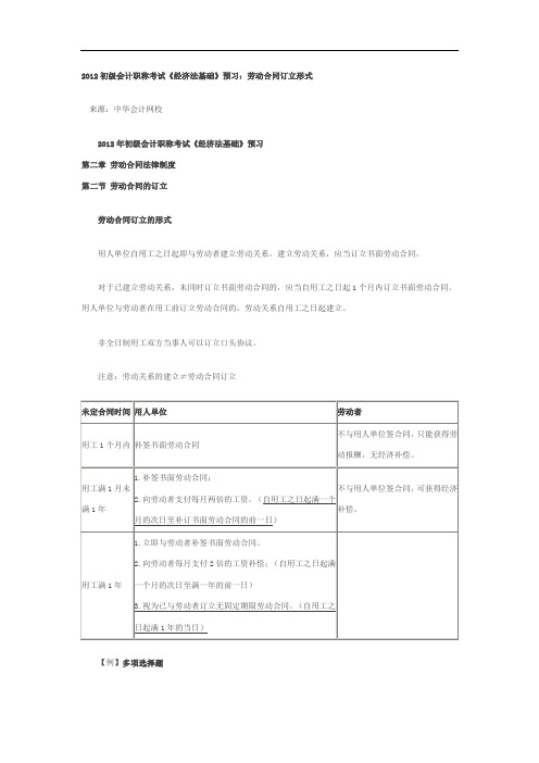 2012初级会计职称考试《经济法基础》预习：劳动合同订立形式