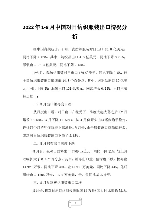 2023年1-8月中国对日纺织服装出口情况分析