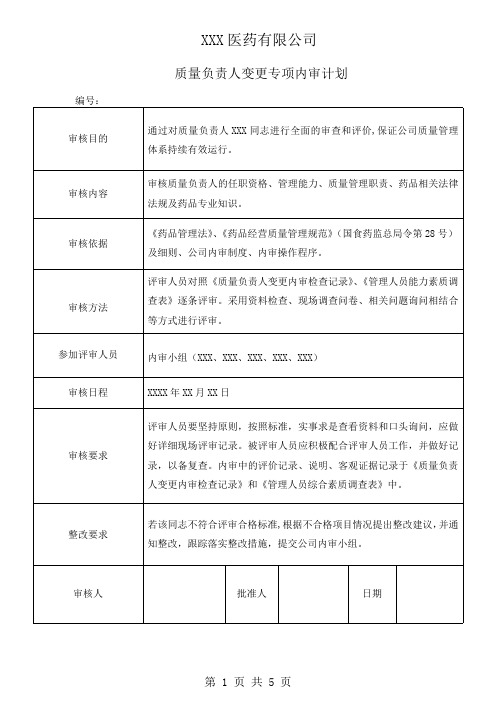 质量负责人变更专项内审(计划、内审检查记录、综合素质调查、内审报告)