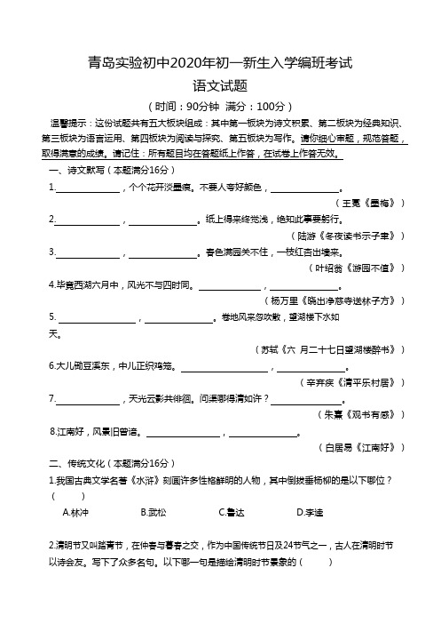 2020年青岛实验初中分班考语文试卷及答案