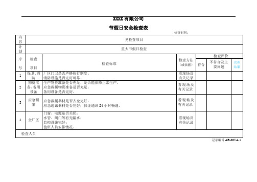 节假日安全检查表